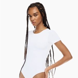 White babaton contour bodysuit crew neck short sleeve